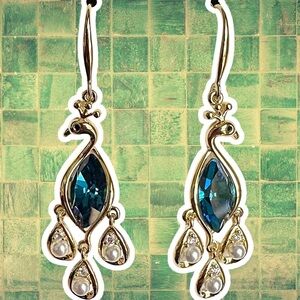 NEW London Blue & White Imitation Pearl CZ Goldtone Peacock Motif Drop Earrings